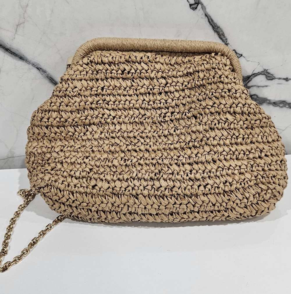 Embellished Beaded Shells and Faux Pearls Straw Frame Clutch Natural Handbag - Picture 7 of 9